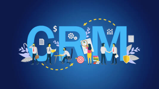 Infographic banner of the letters CRM with human figures working within an office setting