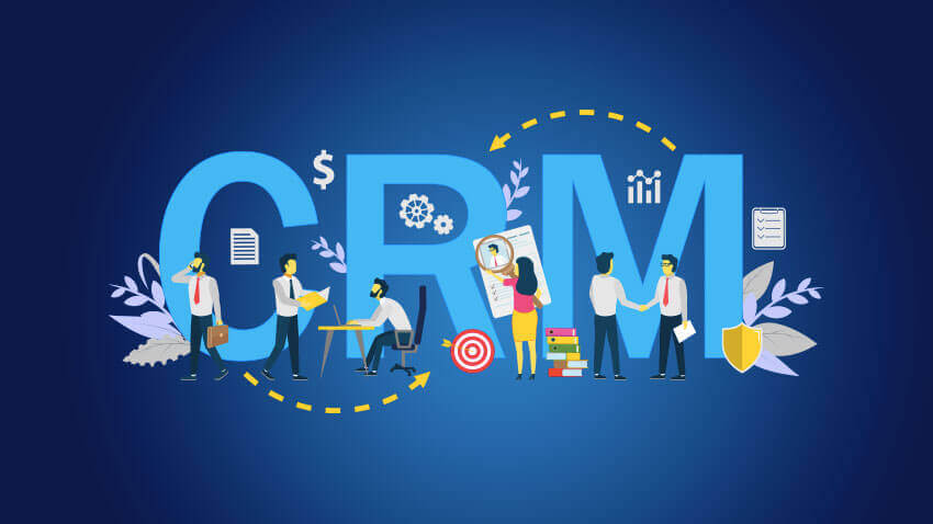 Infographic banner of the letters CRM with human figures working within an office setting