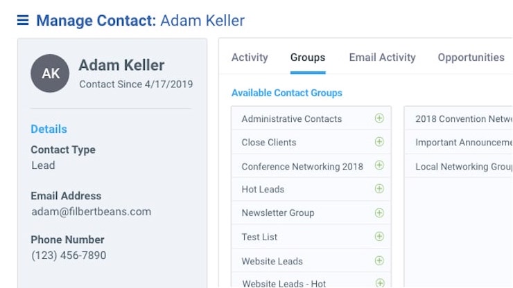 A contact named Adam keller who's profile is visible on DirectLync's digital marketing platform